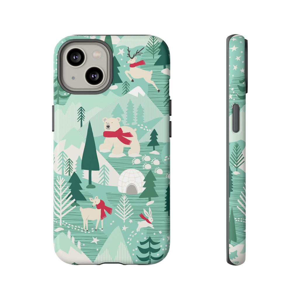 Arctica Winter Tough iPhone 14 Case – Matte | aqua, evergreen, white, animal frolic winter wonderland print