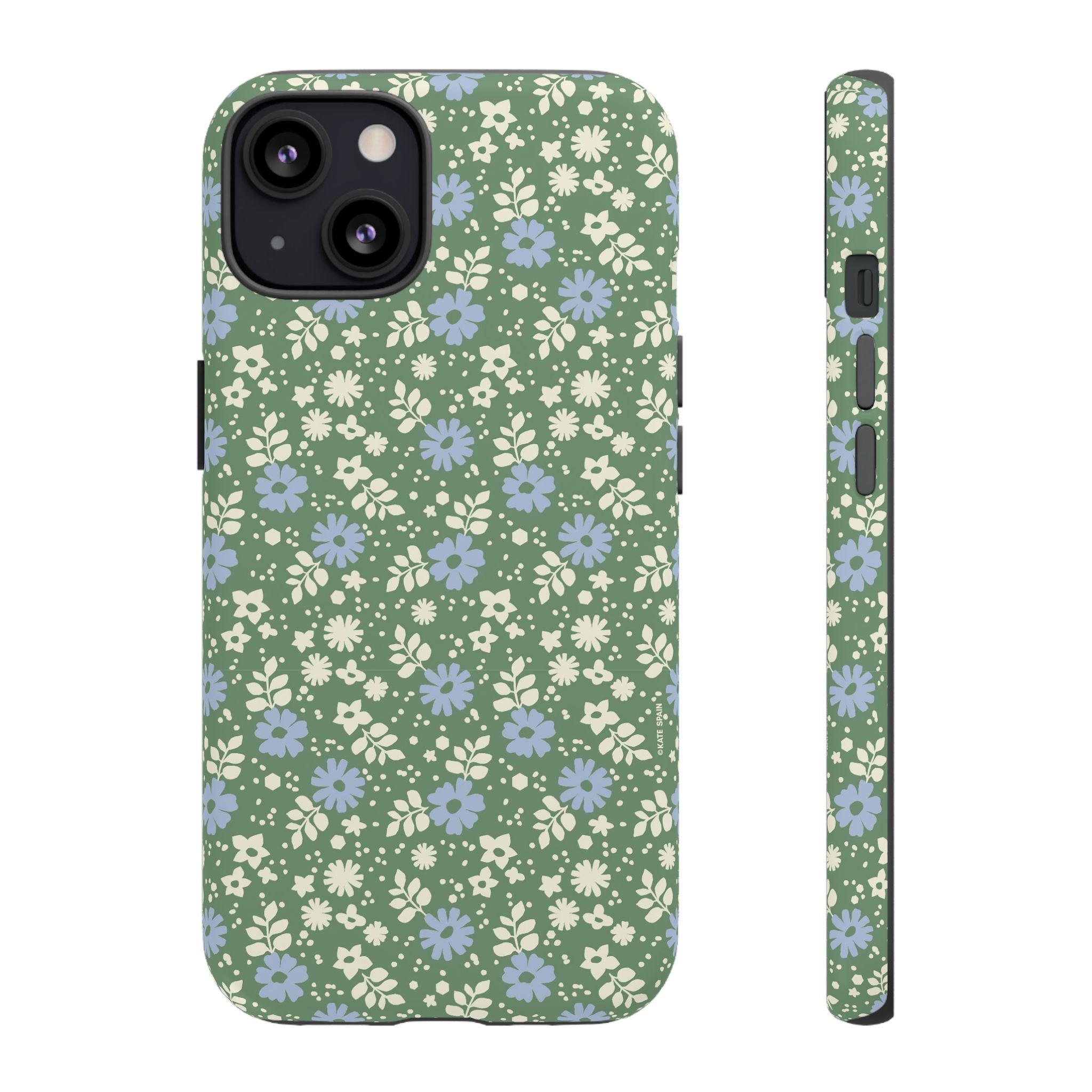 Petaline Tough iPhone 13 Case – Glossy | green, blue, cream ditsy floral print