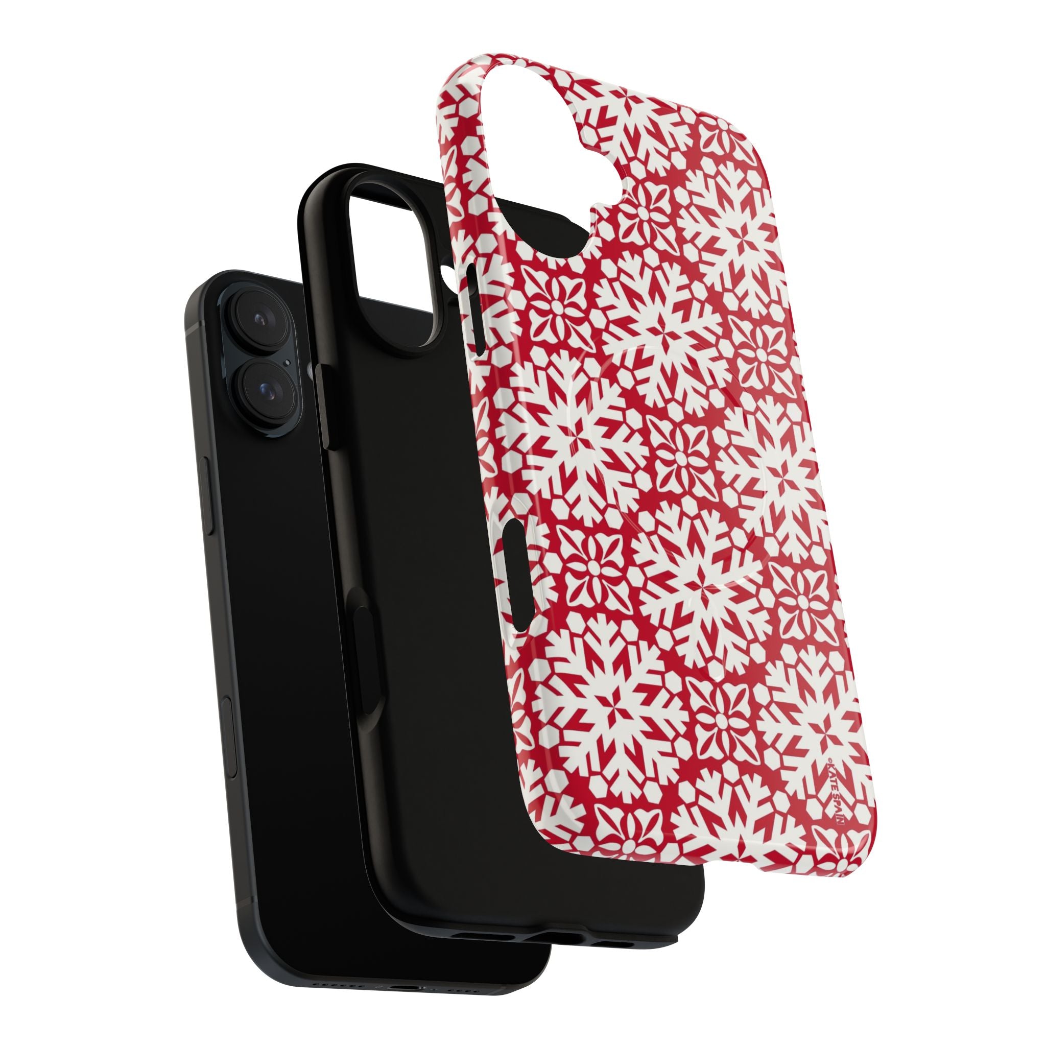 Flurry MagSafe iPhone 17 Case – Dual-layered view of case and inner lining in front of phone, with view of camera cutout and buttons | red and cream geometric snowflake tile print