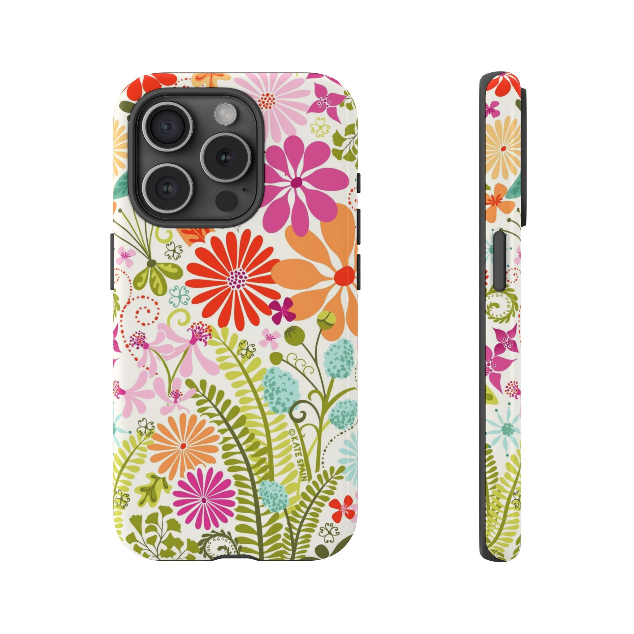 Luxury Terrain Tough iPhone 15 Pro Case – Glossy | white, magenta, coral botanical woodland floral print