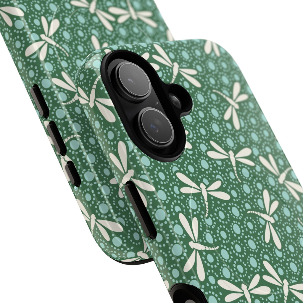 Designer Dragonfly MagSafe iPhone 17 Case – detail of two lenses in camera | jade green, aqua, cream dragonfly print