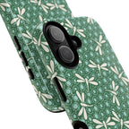 Designer Dragonfly MagSafe iPhone 17 Case – detail of two lenses in camera | jade green, aqua, cream dragonfly print