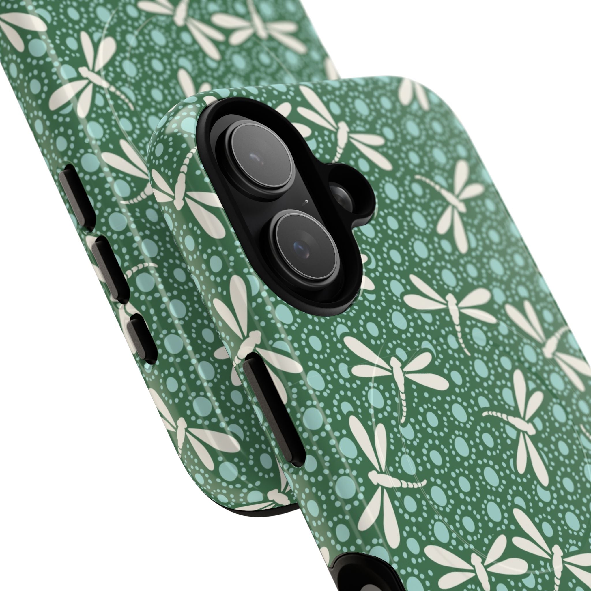 Designer Dragonfly MagSafe iPhone 17 Case – detail of two lenses in camera | jade green, aqua, cream dragonfly print