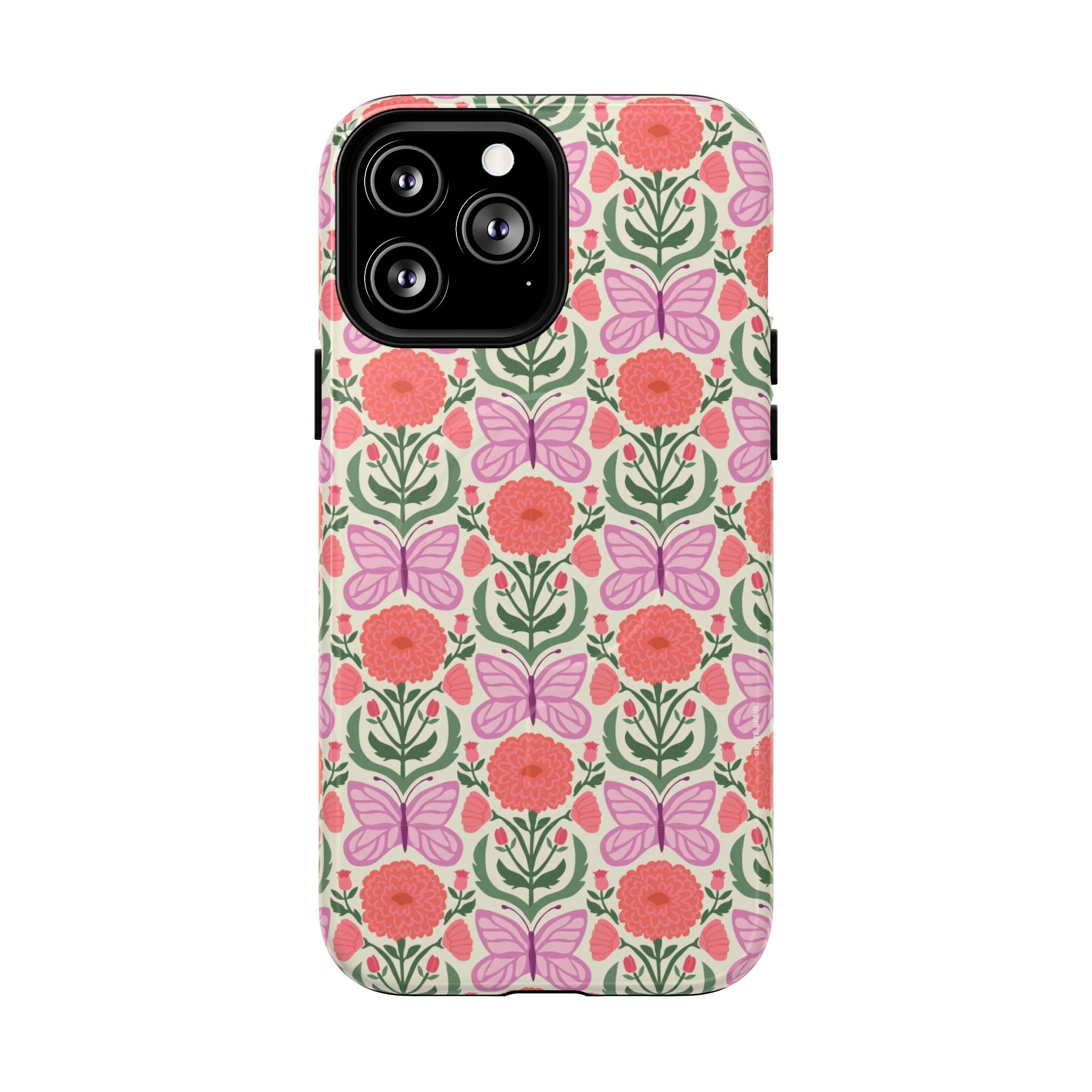 Pink Butterfly MagSafe iPhone 13 Pro Max Case – Glossy | pink, coral, green, cream butterfly floral print