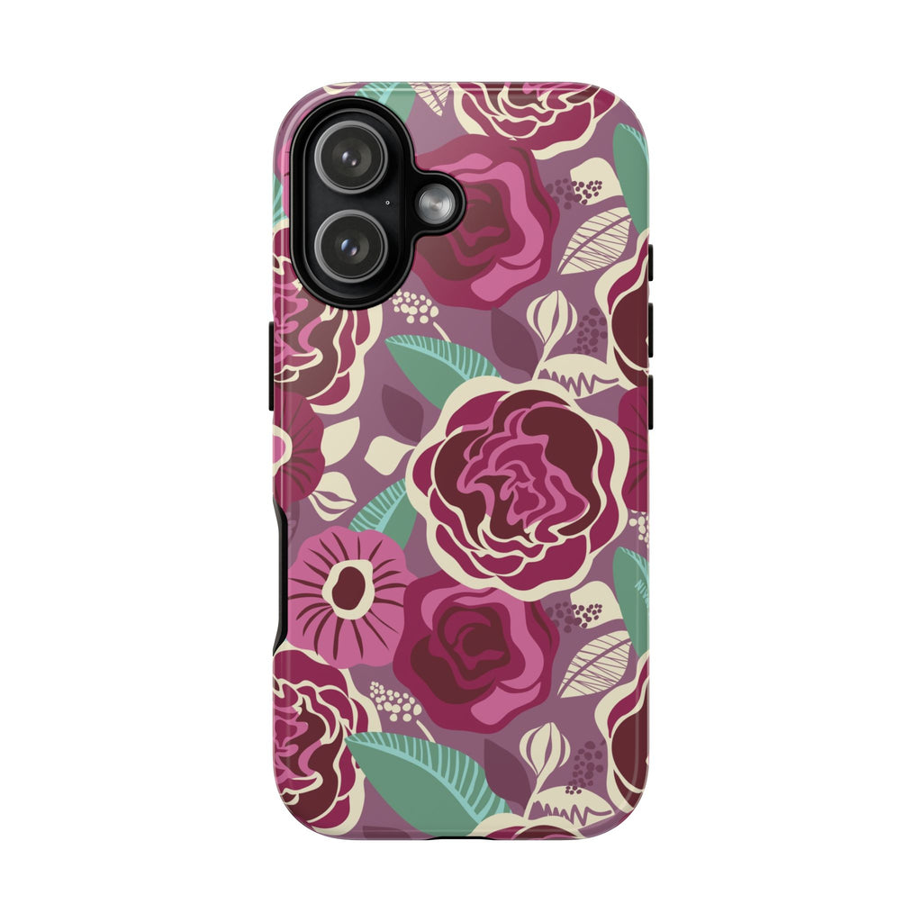 Tea Rose Burgundy Tough iPhone 17 Case – Glossy | burgundy, magenta, plum botanical rose floral print