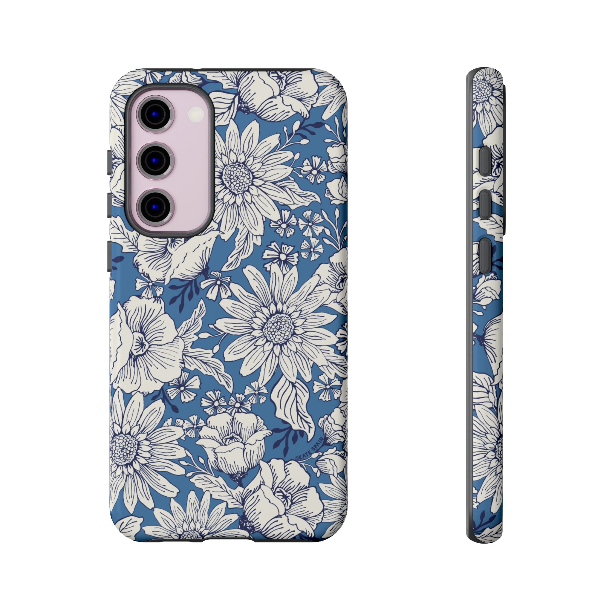 Luxury Jardin Samsung Galaxy S23 Plus Case – Glossy | steel blue, white botanical daisy floral print