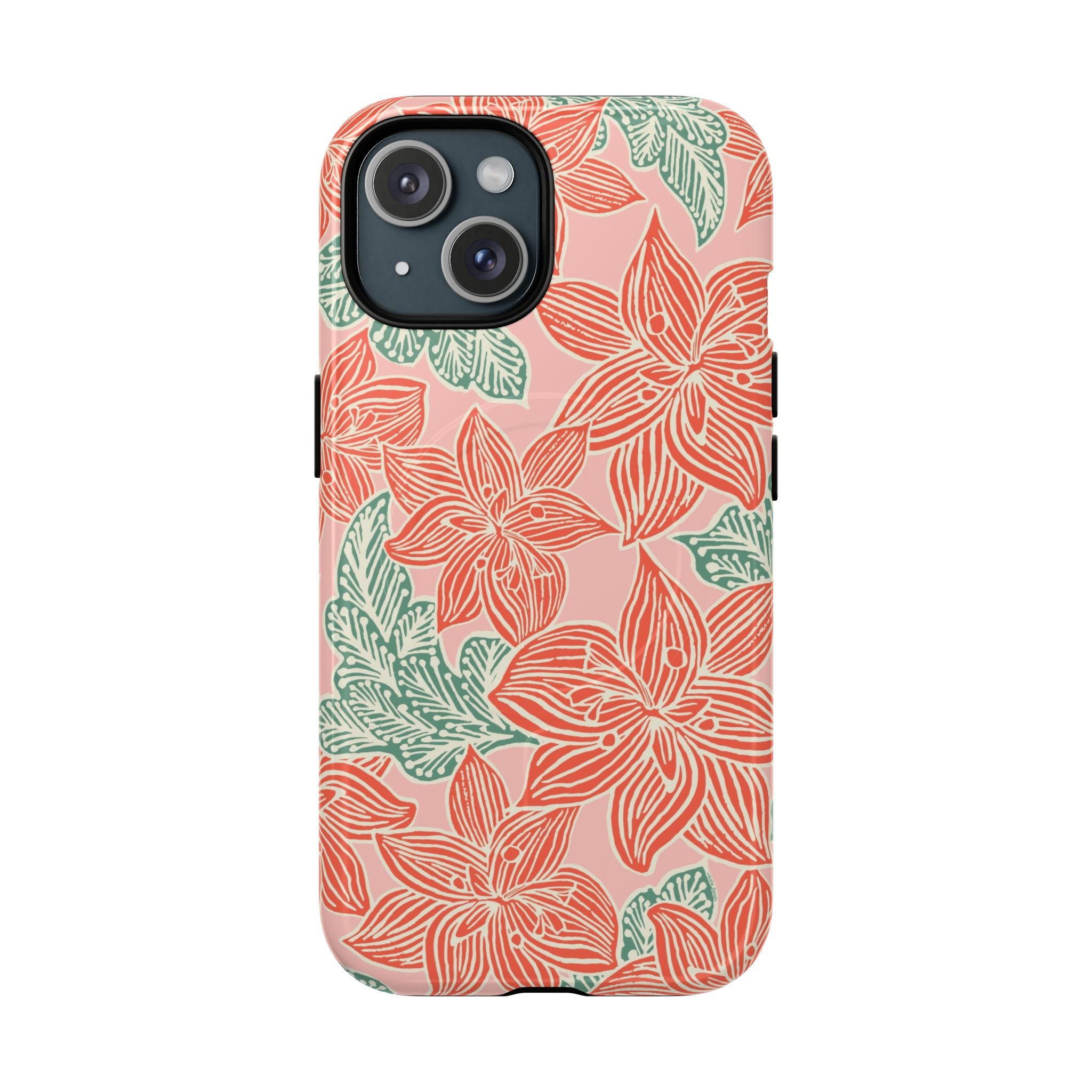 Hibiscus Coral MagSafe iPhone 15 Glossy Case — blush pink hard case with large-scale coral red hibiscus flowers and teal-green leaves in a bold botanical linework print, densely layered across the surface