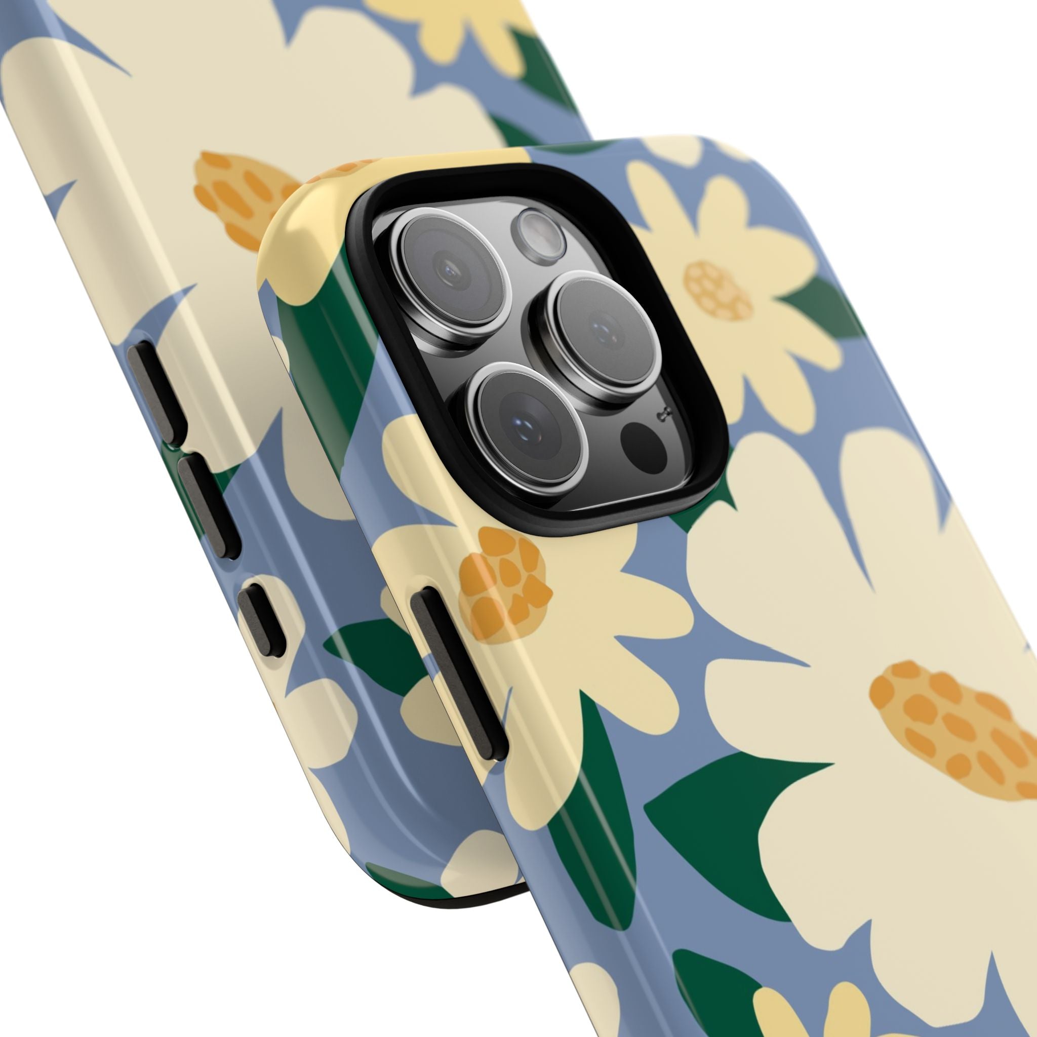 Chamomile Tough iPhone 16 Pro Max Case – Glossy | periwinkle, cream, yellow botanical daisy floral print