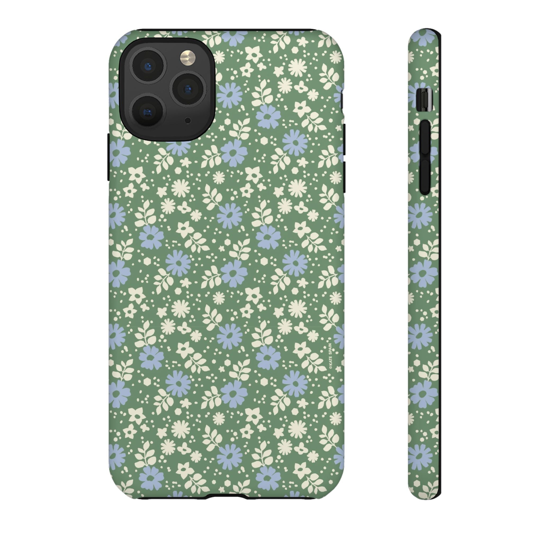 Petaline Tough iPhone 11 Pro Max Case – Matte | green, blue, cream ditsy floral print
