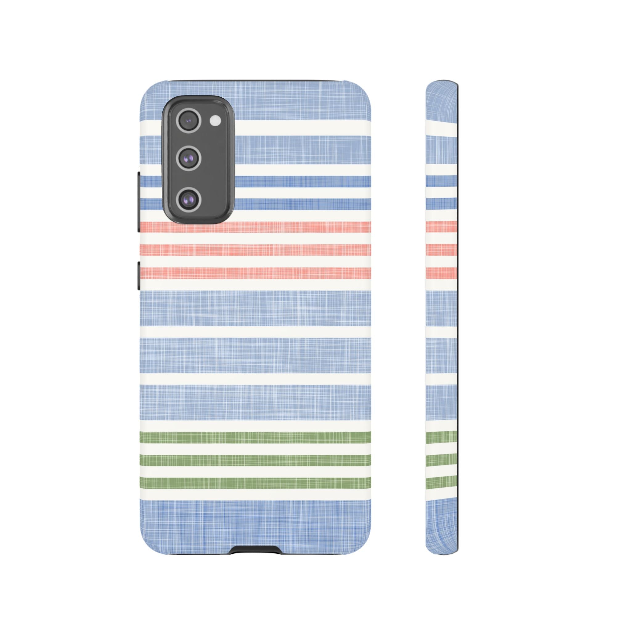 Cabana Stripe Pastel Samsung Galaxy S20 FE Case – Matte | soft blue, coral, sage green chambray-textured stripe print dual-layer protection