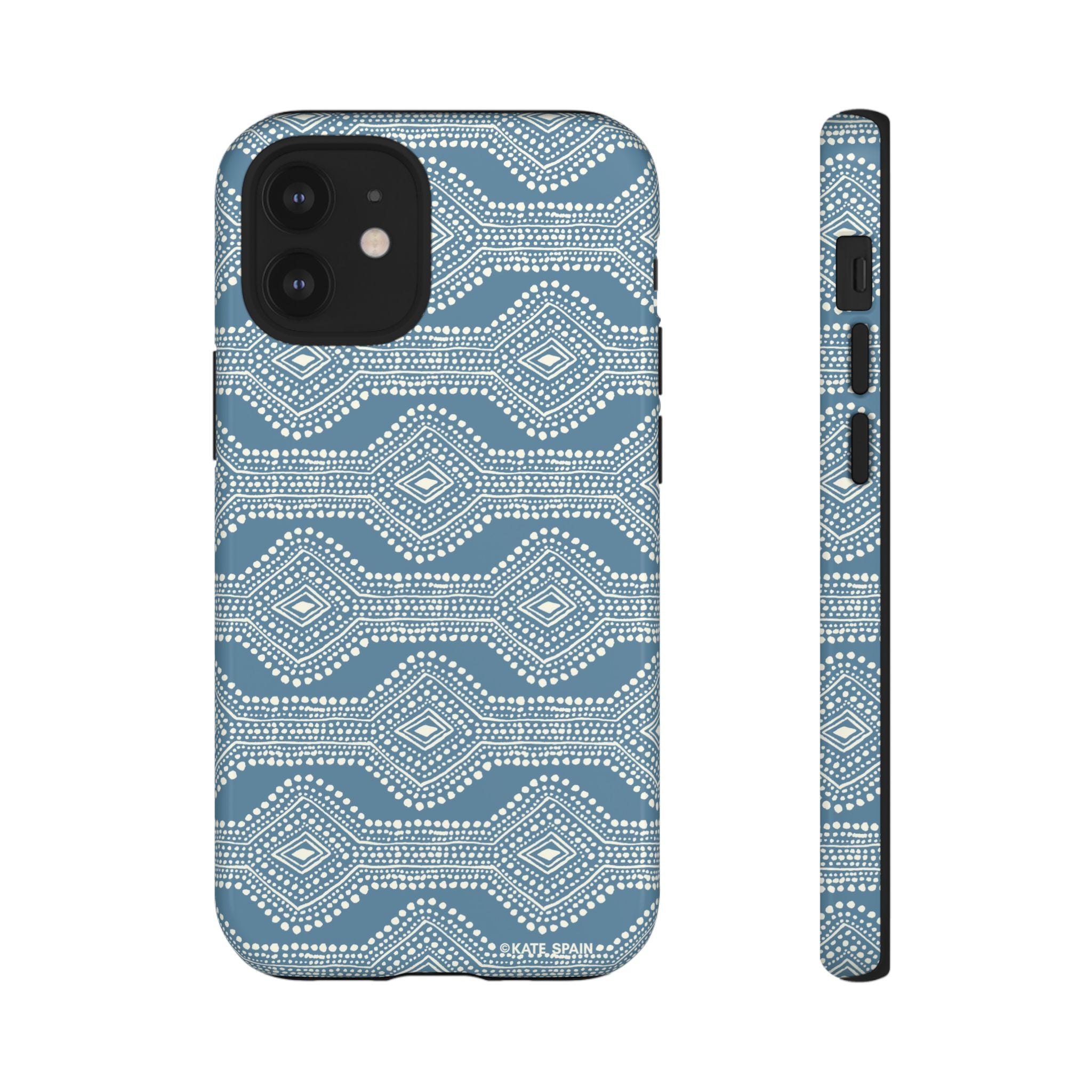 Diamond Dots Tough iPhone 12 Mini Case – Glossy | steel blue, white diamond dot geometric print