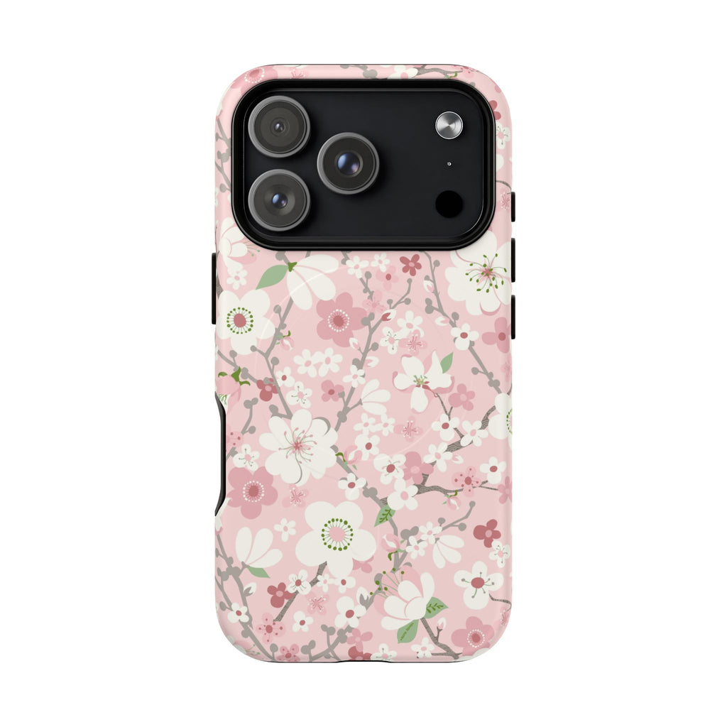 Pink Cherry Blossom MagSafe iPhone 17 Pro Case – Matte | light pink, white, cherry blossom floral print