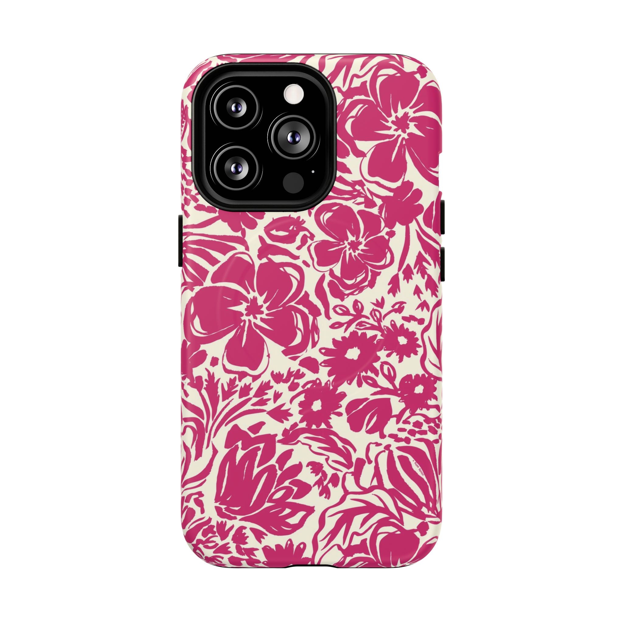 Rhapsody Bright Pink MagSafe iPhone 13 Pro Matte case — bold magenta floral print on cream by Kate Spain