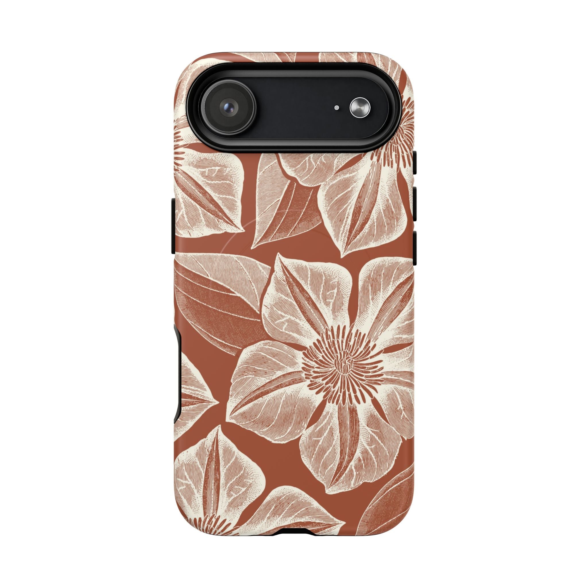 Vintage Bloom Sienna MagSafe iPhone 17 Air – Matte | sienna ground, large-scale cream clematis print, engraved petal detail, dual-layer protection