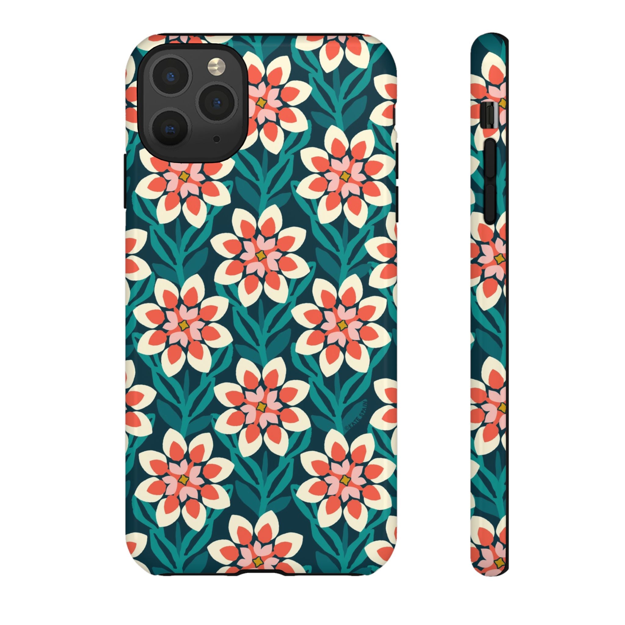 Modern Dahlia Tough iPhone 11 Pro Max Case – Glossy | teal, coral, cream geometric dahlia floral print