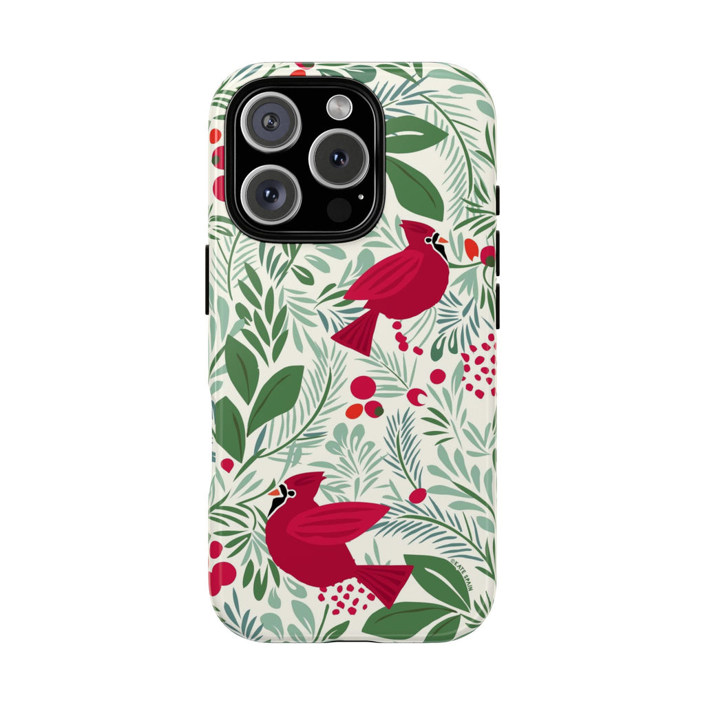 Birds and Berries Tough iPhone 16 Pro Case – Glossy | cream, red, green botanical cardinal berry print