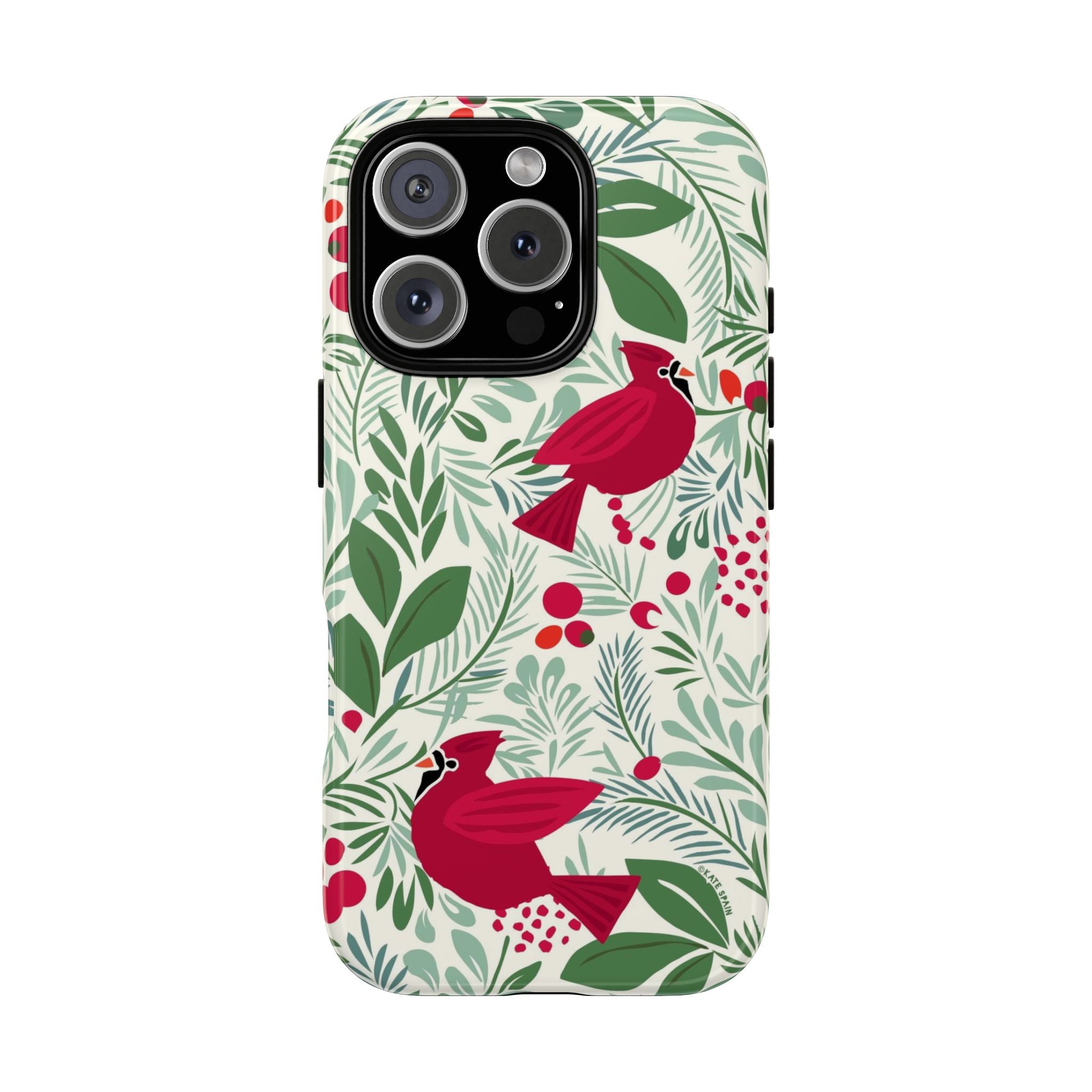 Birds and Berries Tough iPhone 16 Pro Case – Glossy | cream, red, green botanical cardinal berry print