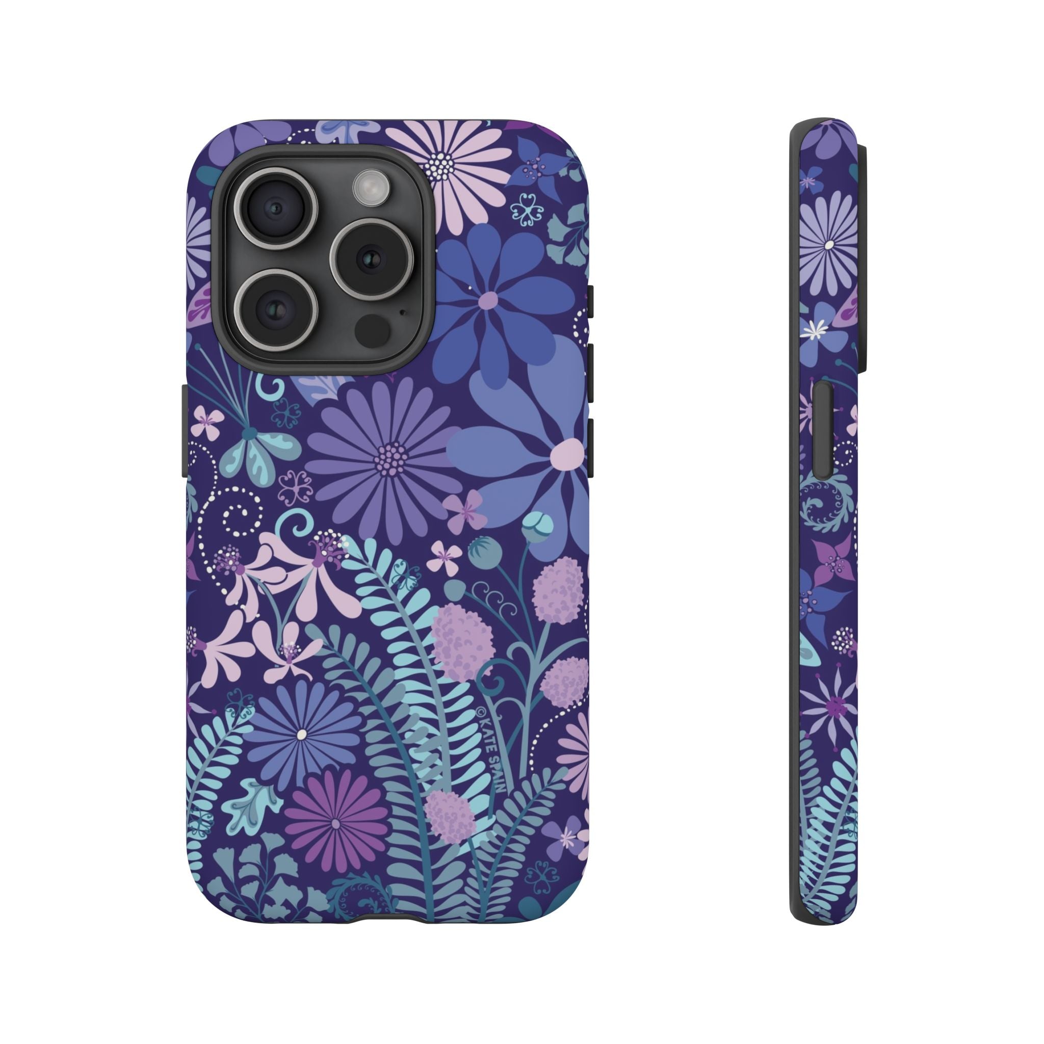 Luxury Terrain Tough iPhone 15 Pro Case – Matte | navy, purple, aqua botanical woodland floral print