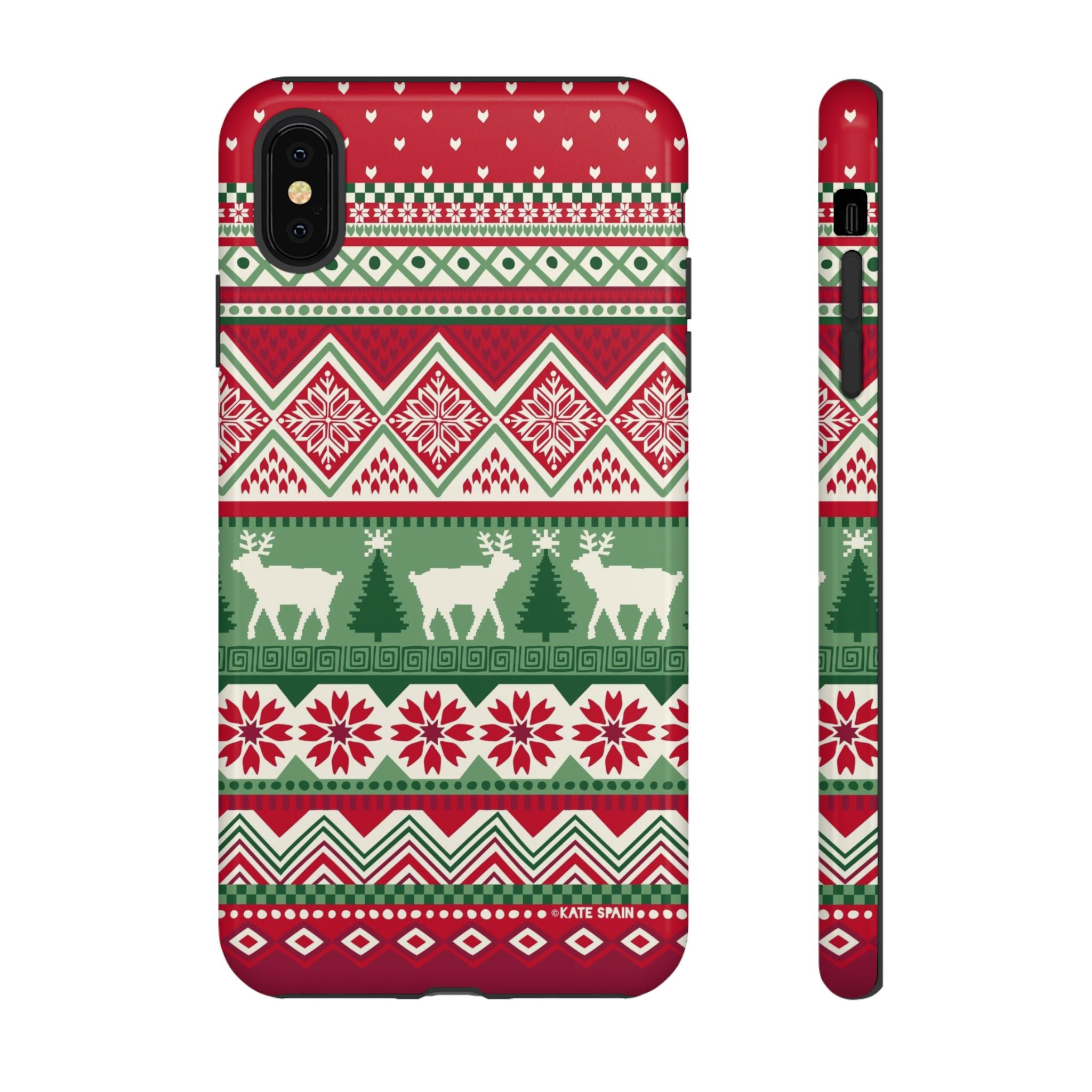 Telemark Tough iPhone XS Max Case – Glossy | red, green, cream fair isle reindeer Nordic print