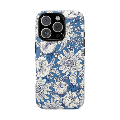 Jardin Tough iPhone 16 Pro Max Case – Glossy | blue and cream botanical garden print