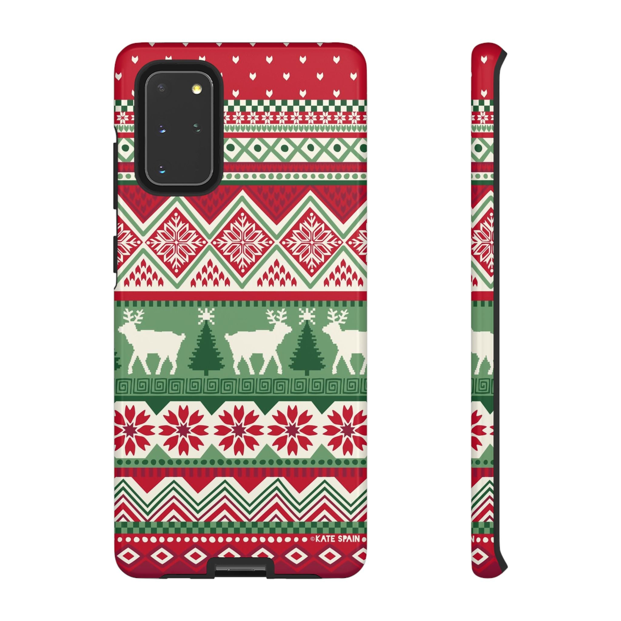 Luxury Telemark Samsung Galaxy S20+ Case – Glossy | red, green, cream Nordic fair isle reindeer print