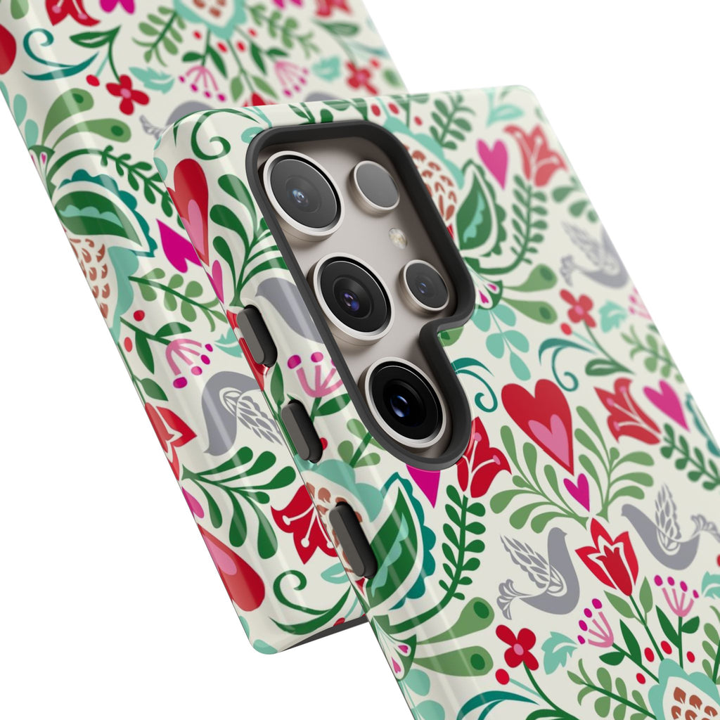 Rosemaling Samsung Galaxy S24 Ultra Case – angled view showing 5 lenses in camera in protective case | white, red, green rosemaling floral print