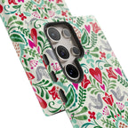 Rosemaling Samsung Galaxy S24 Ultra Case – angled view showing 5 lenses in camera in protective case | white, red, green rosemaling floral print