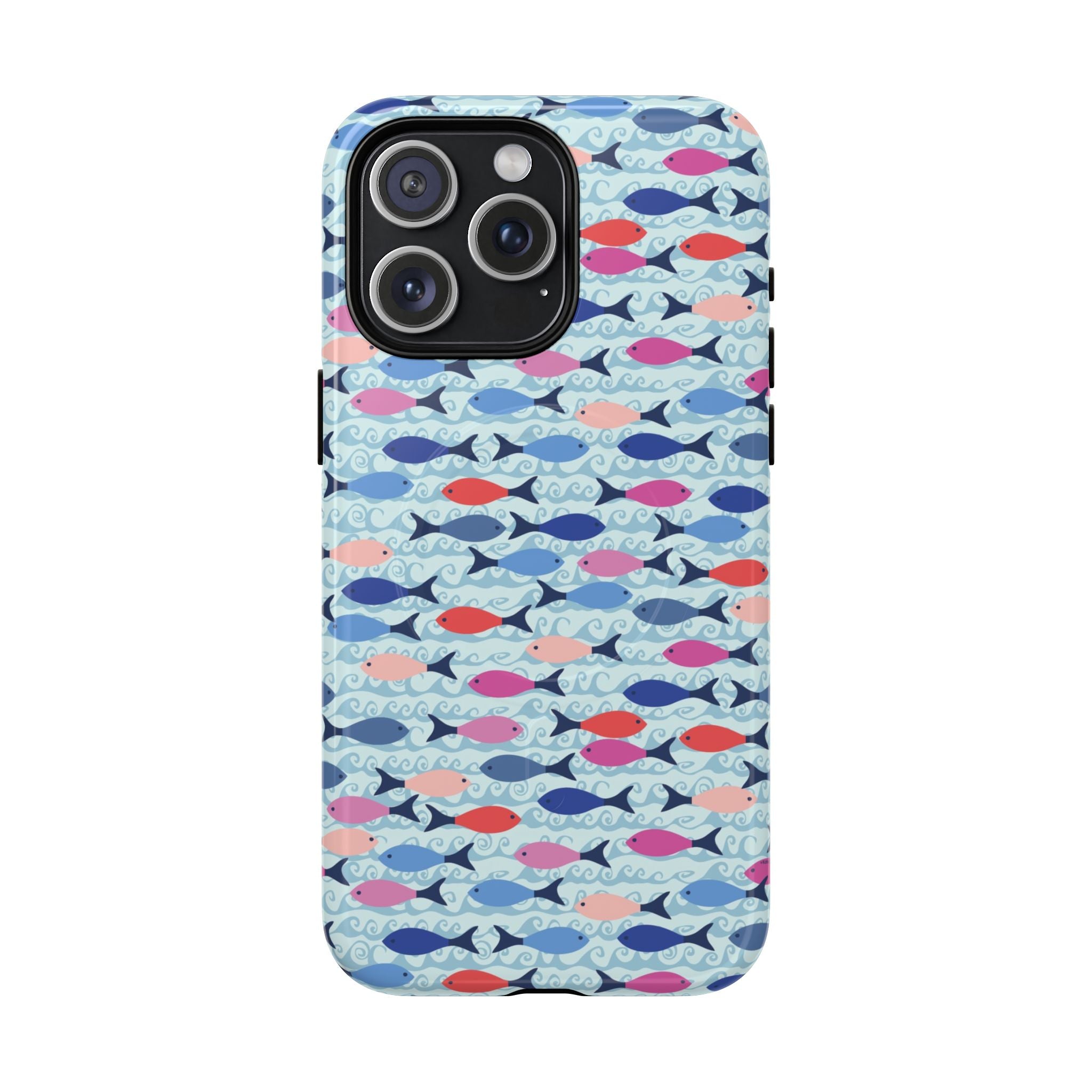 Summer Minnows MagSafe iPhone 15 Pro Max Case – Glossy | navy, coral, pink, and periwinkle fish on a pale aqua ground