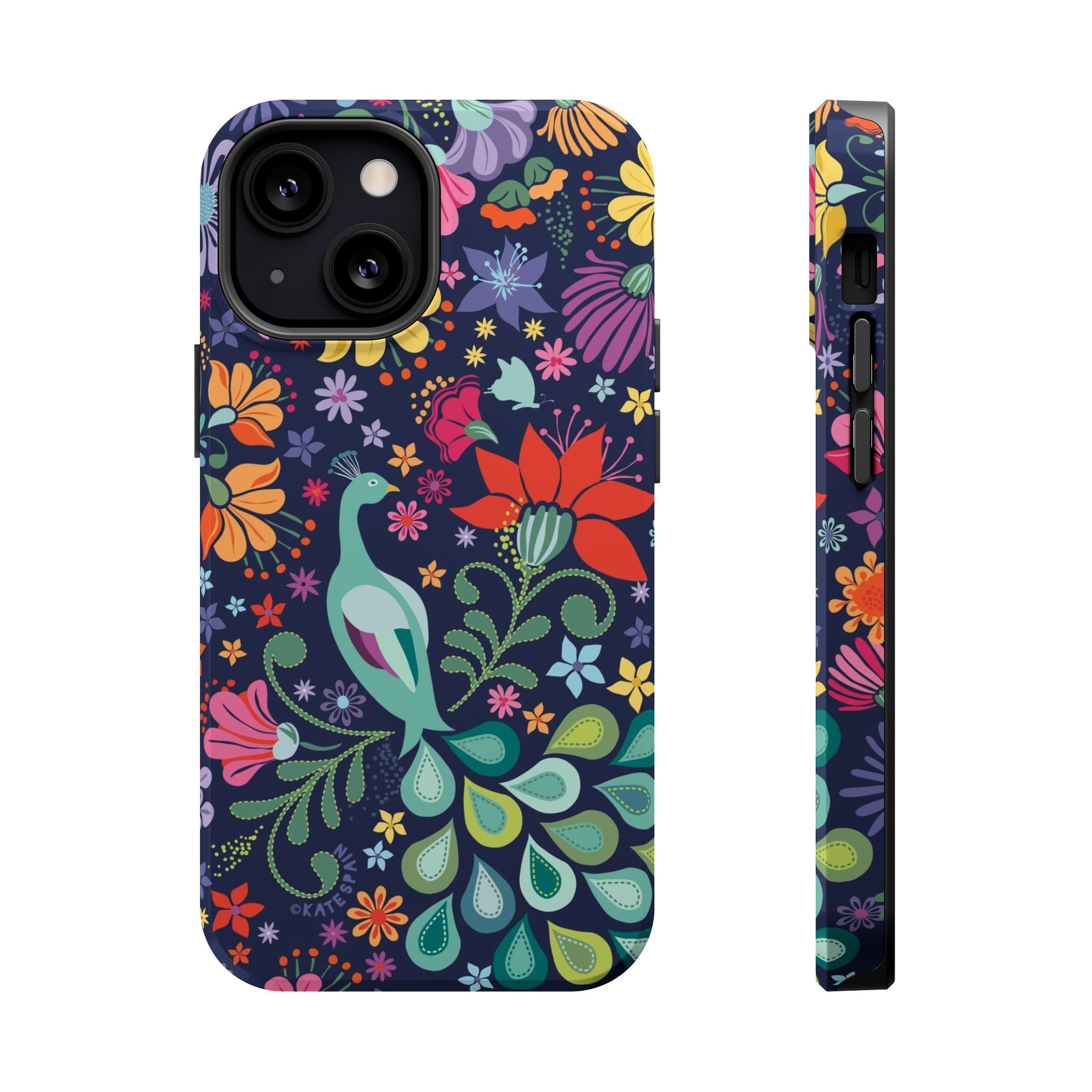 Peacock Sanctuary MagSafe iPhone 13 Mini Case – Glossy | navy, teal, ivory peacock botanical print MagSafe compatible, dual-layer protection