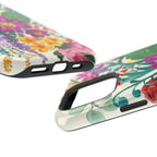 Posy MagSafe iPhone 16 Pro Max Case – Glossy angled view closeup of camera cutout and buttons | white, magenta, yellow, purple vibrant botanical floral print