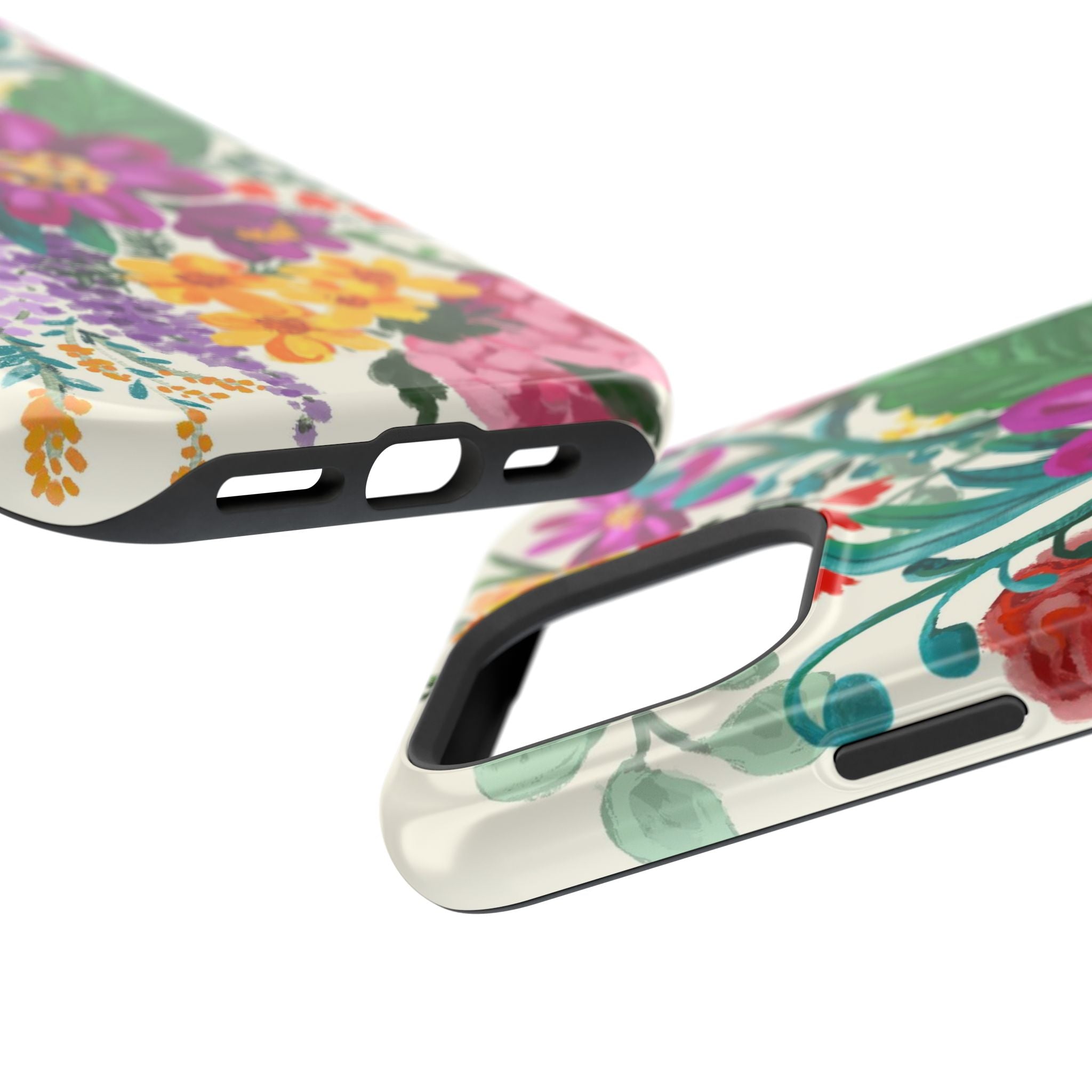 Posy MagSafe iPhone 16 Pro Max Case – Glossy angled view closeup of camera cutout and buttons | white, magenta, yellow, purple vibrant botanical floral print