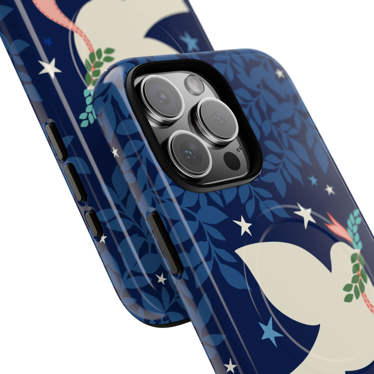 Peace MagSafe iPhone Case – detail view of case, camera cutout and buttons | navy, cream peace dove, stars, botanical print