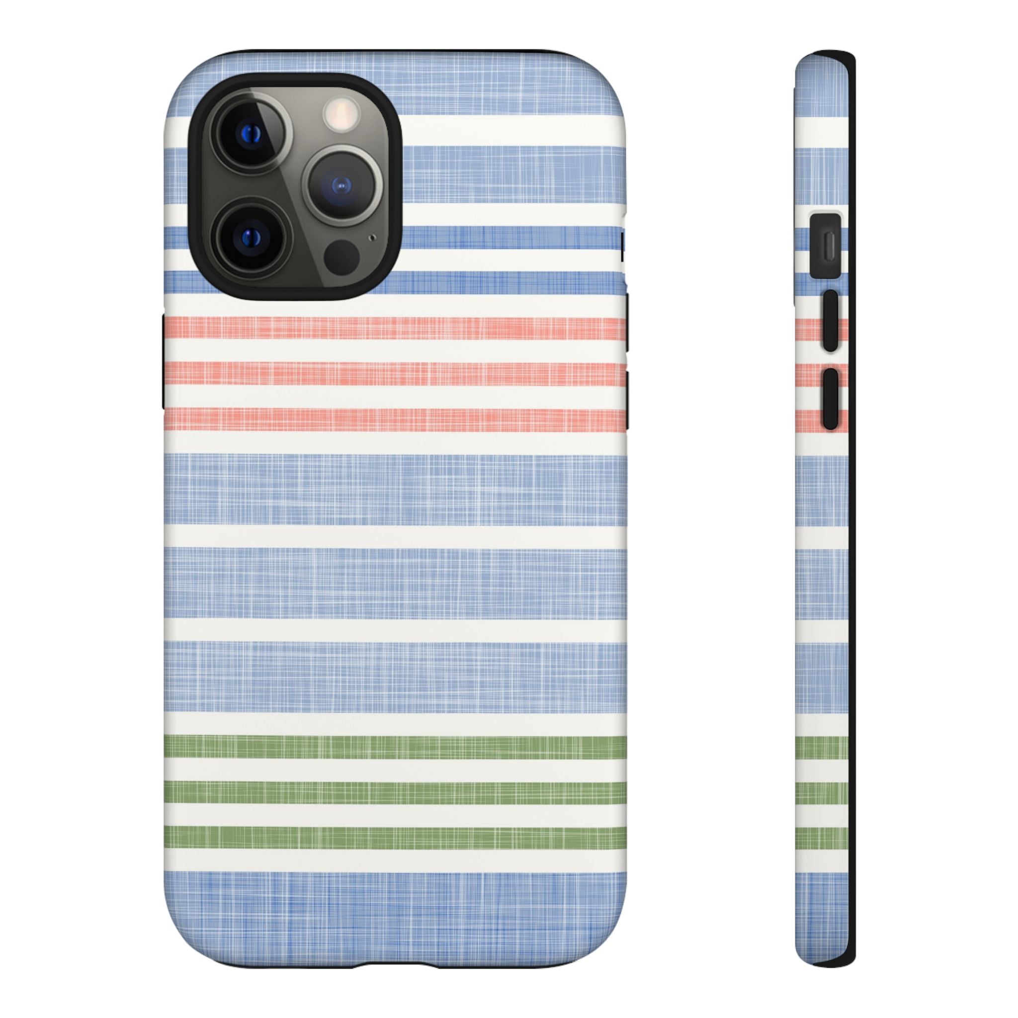 Cabana Stripe Pastel Tough iPhone 12 Pro Max Case – Matte | soft blue, coral, sage green chambray-textured stripe print dual-layer protection