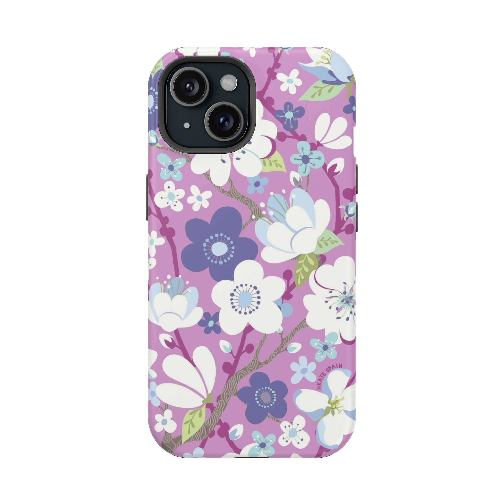Luxury Cherry Blossom MagSafe iPhone 15 Case – Matte | mauve, purple, blue, white cherry blossom print