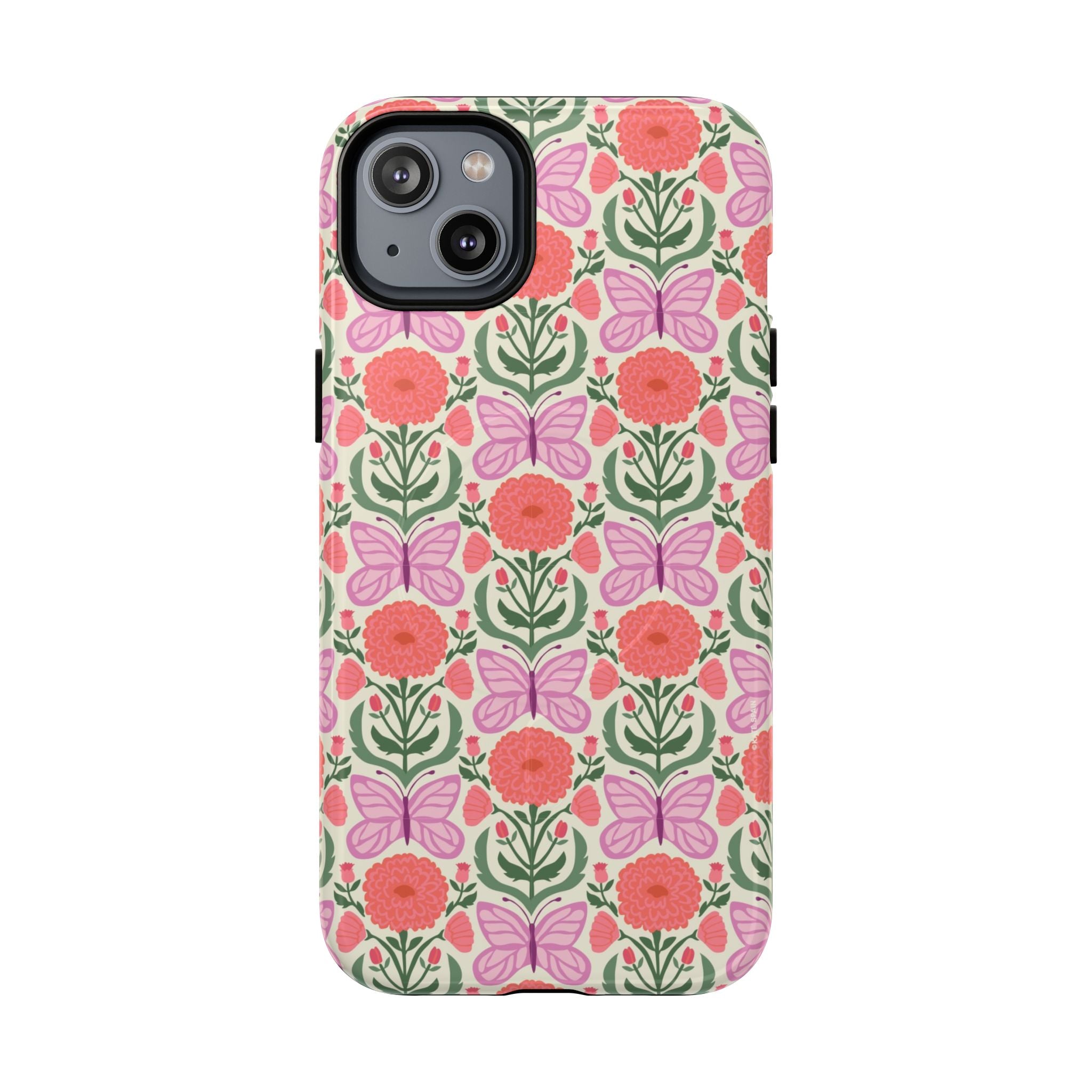 Pink Butterfly MagSafe iPhone 14 Plus Case – Glossy | pink, coral, green, cream butterfly floral print