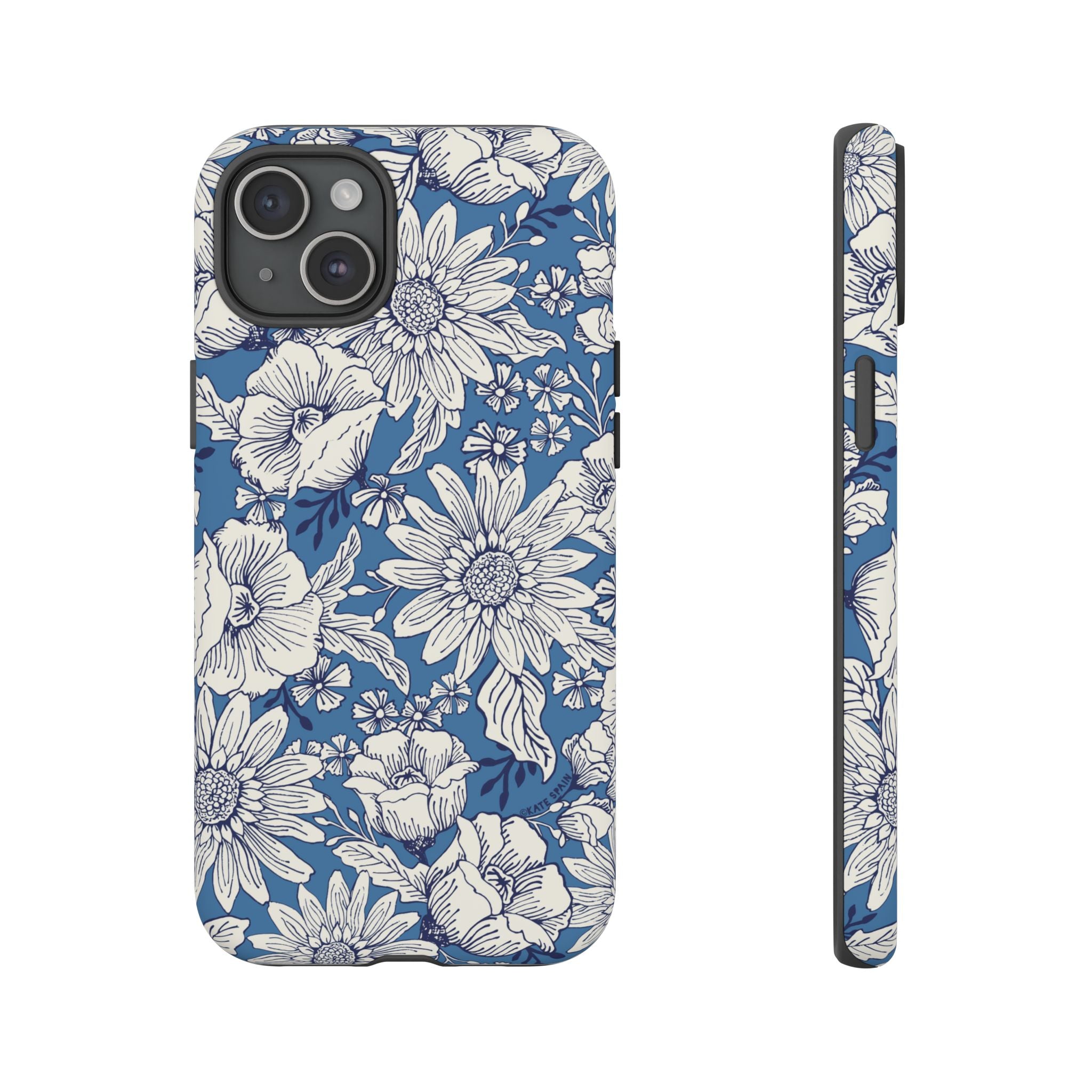 Jardin Tough iPhone 15 Plus Case – Matte | blue and cream botanical garden print