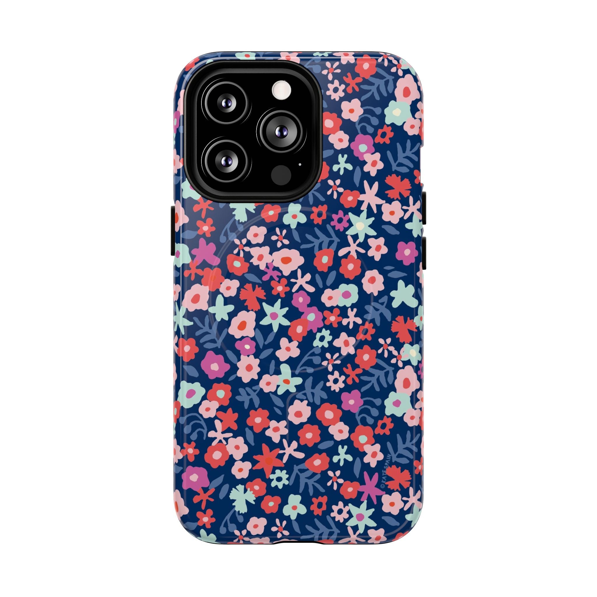 Primrose MagSafe iPhone 13 Pro Case – Glossy | navy, pink, white ditsy floral print