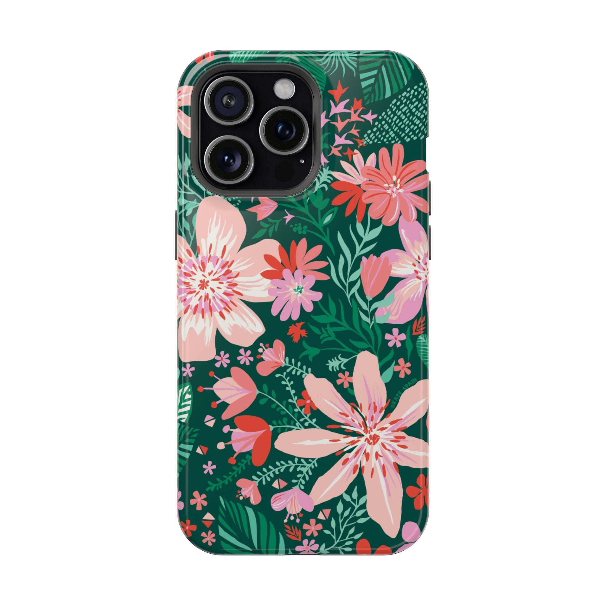 Bonaire MagSafe iPhone 15 Pro Max Case – Glossy | forest green, blush, coral tropical floral print