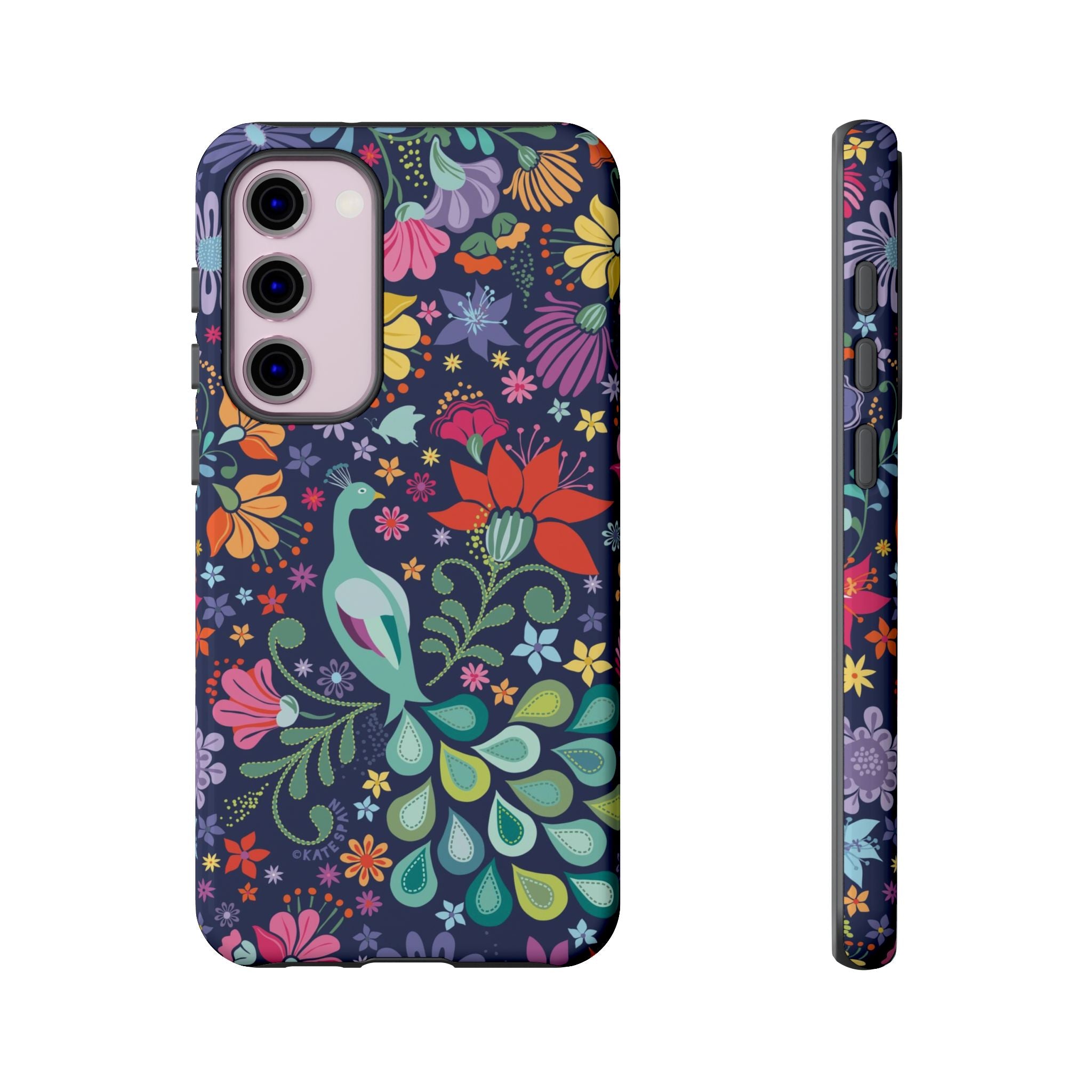 Luxury Peacock Sanctuary Samsung Galaxy S23 Plus Case – Glossy | navy, teal, coral multicolor vibrant peacock feather botanical print