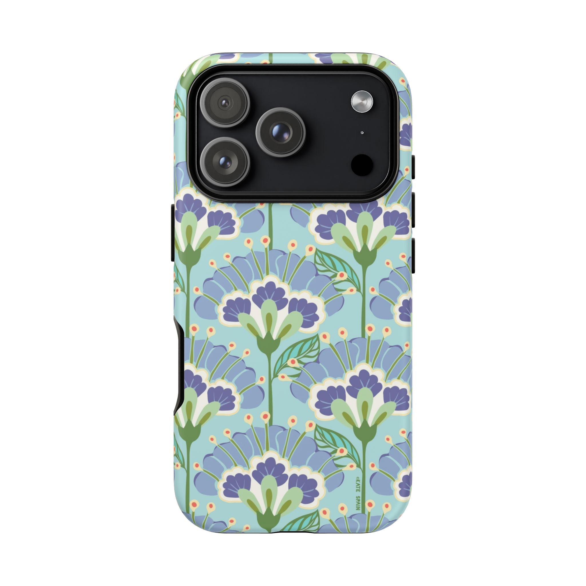 Lantern Flower Tough iPhone 17 Pro Case – Matte | aqua, periwinkle, green botanical lantern floral print