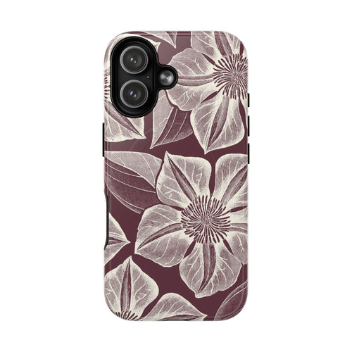 Vintage Bloom Burgundy MagSafe iPhone 17 Pro Case – Glossy | burgundy ground, large-scale cream clematis print, engraved petal detail, dual-layer protection
