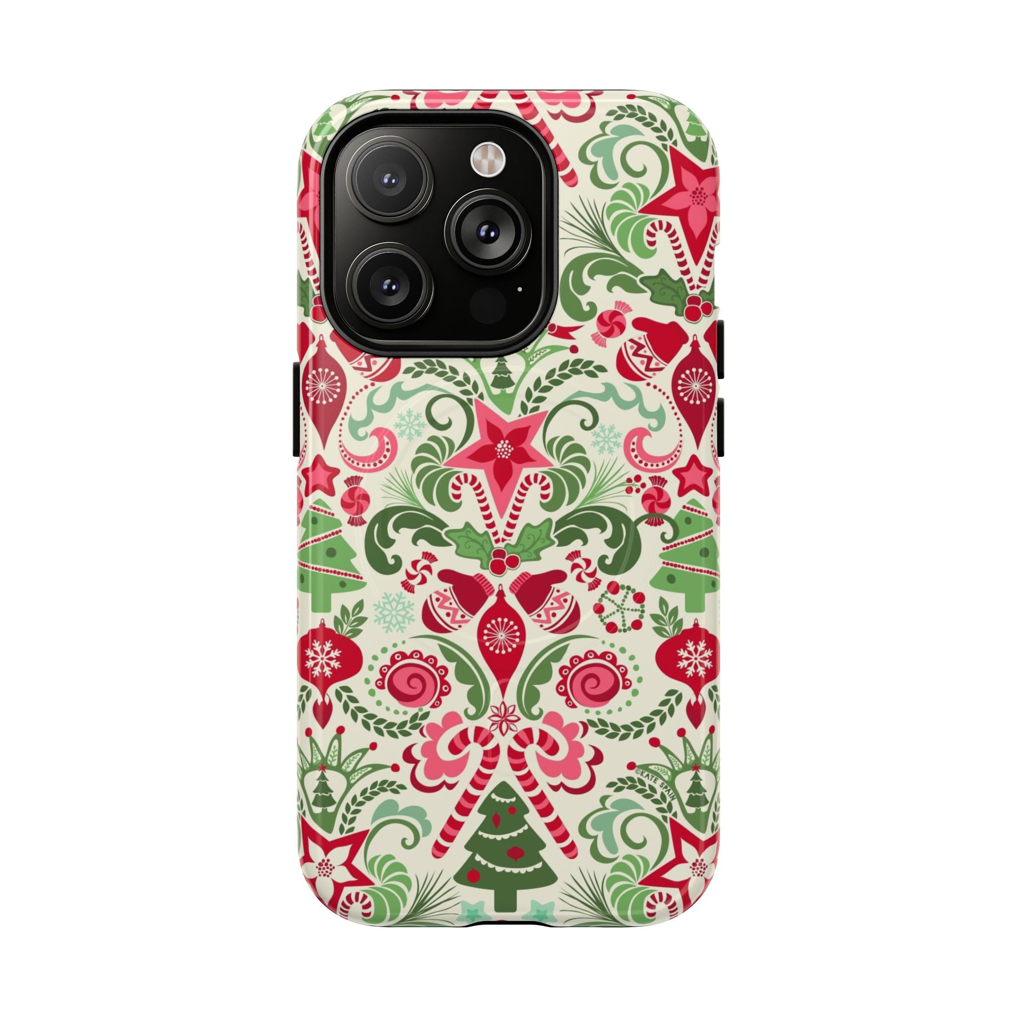 Wonderland MagSafe iPhone 14 Pro Case – Glossy | cream, red, and green Christmas holiday medallion print with ornaments, candy canes, trees, and stars