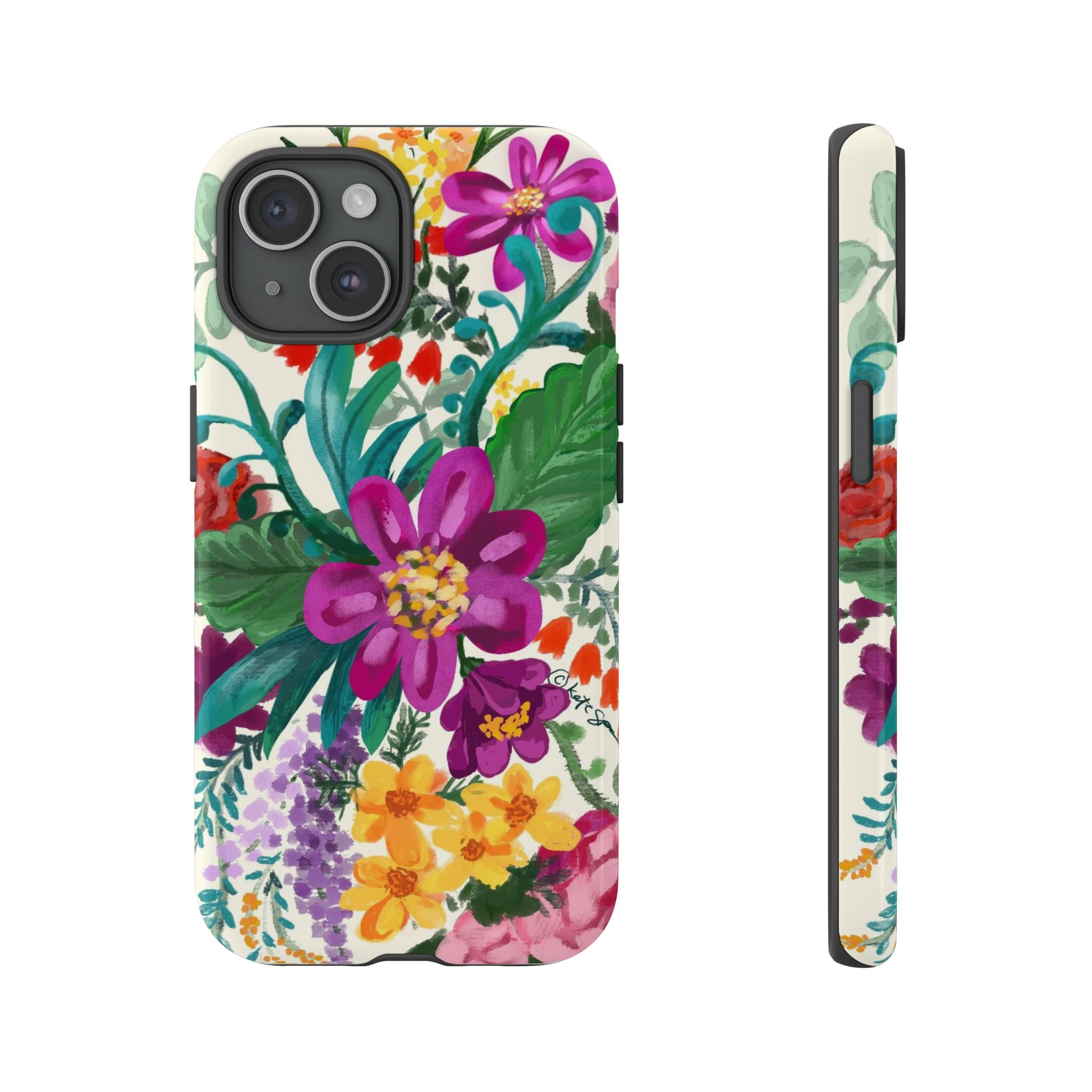 Posy Tough iPhone 15 Case – Glossy | cream, magenta, coral botanical floral print