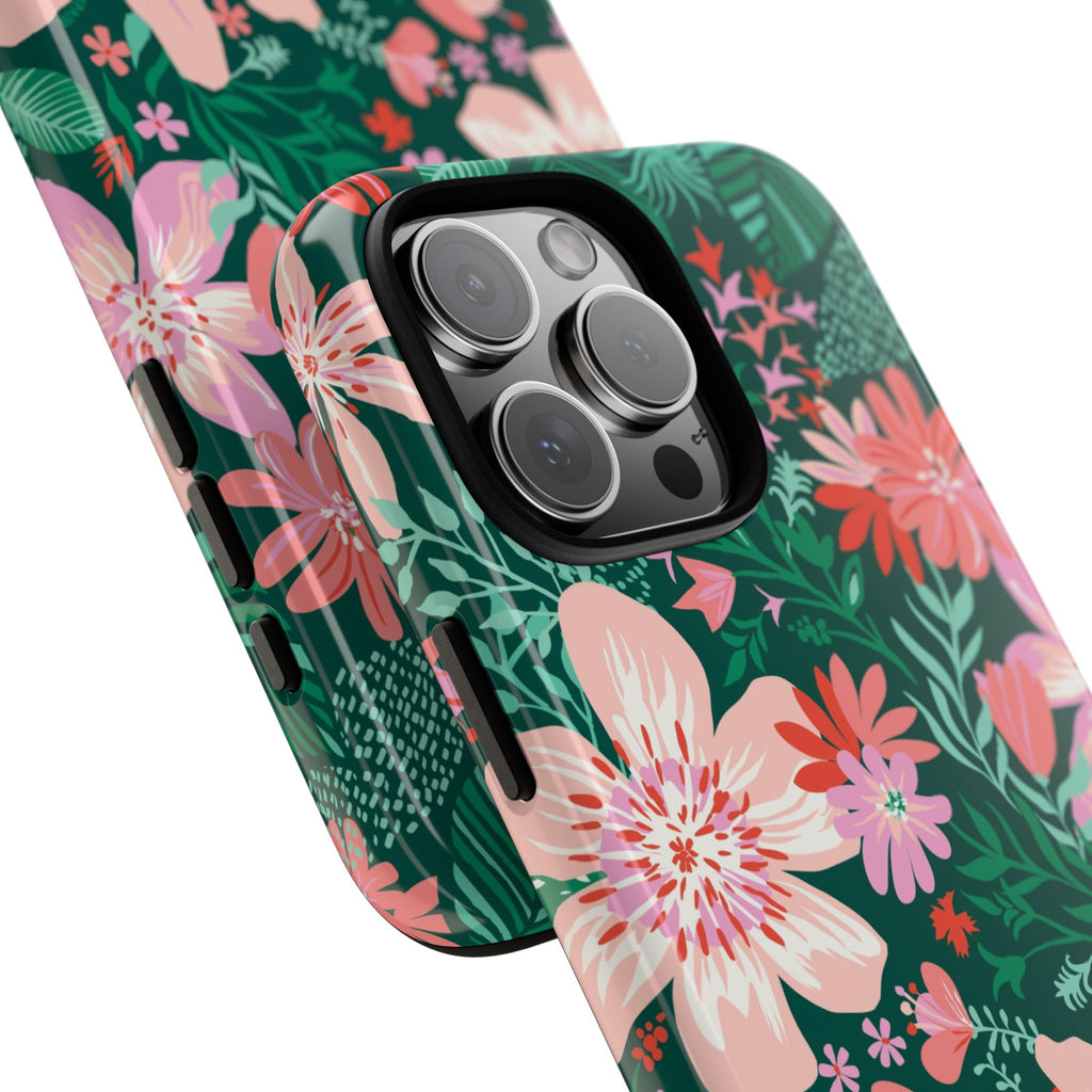 Bonaire Tough iPhone 16 Pro Max Case – Glossy | jade, pink, white tropical floral botanical print