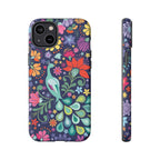 Peacock Sanctuary Tough iPhone 14 Plus Case – Matte | navy, teal, coral multicolor vibrant peacock feather botanical print