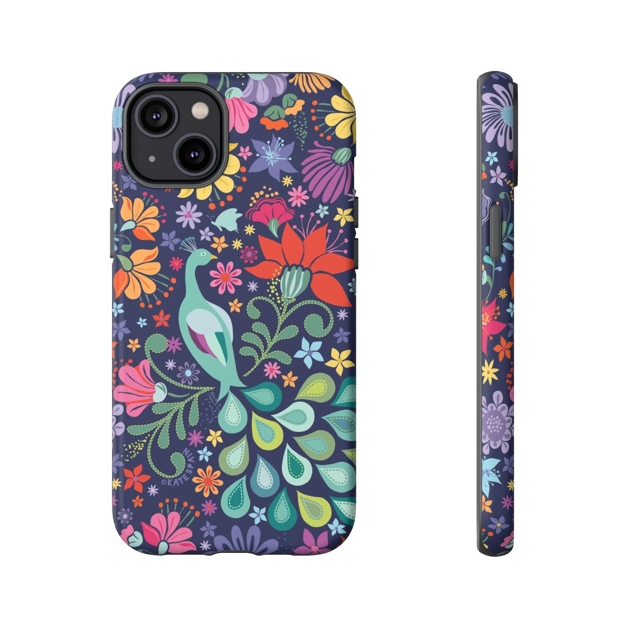 Peacock Sanctuary Tough iPhone 14 Plus Case – Matte | navy, teal, coral multicolor vibrant peacock feather botanical print