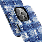 Catch of the Day MagSafe iPhone 16 Pro Max Case – Glossy | navy, blue, white geometric fish print | angled view closeup of camera cutout and buttons
