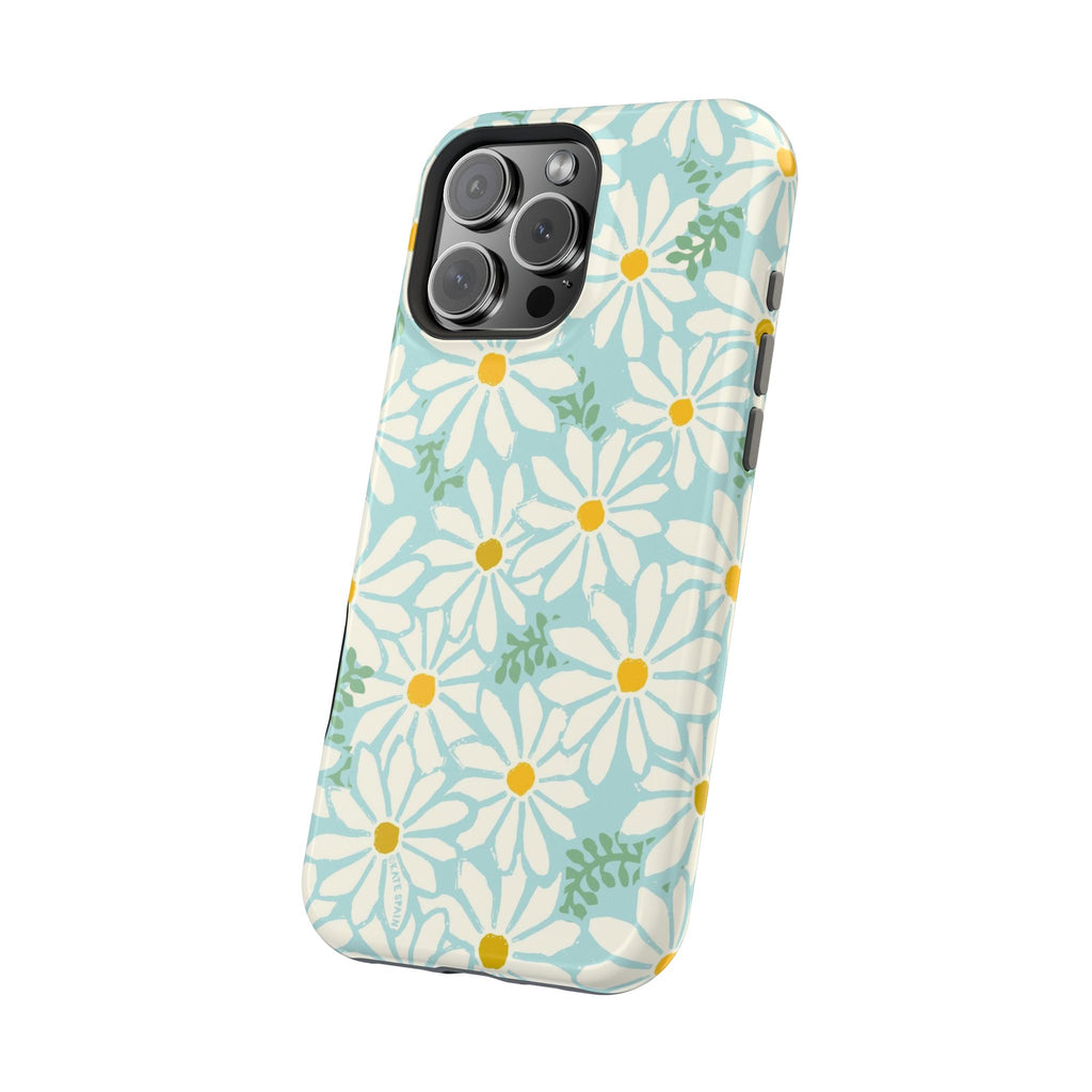 Daisies MagSafe iPhone 16 Pro Max Case – Glossy | angled view, oversized white daisies with golden centers on aqua ground