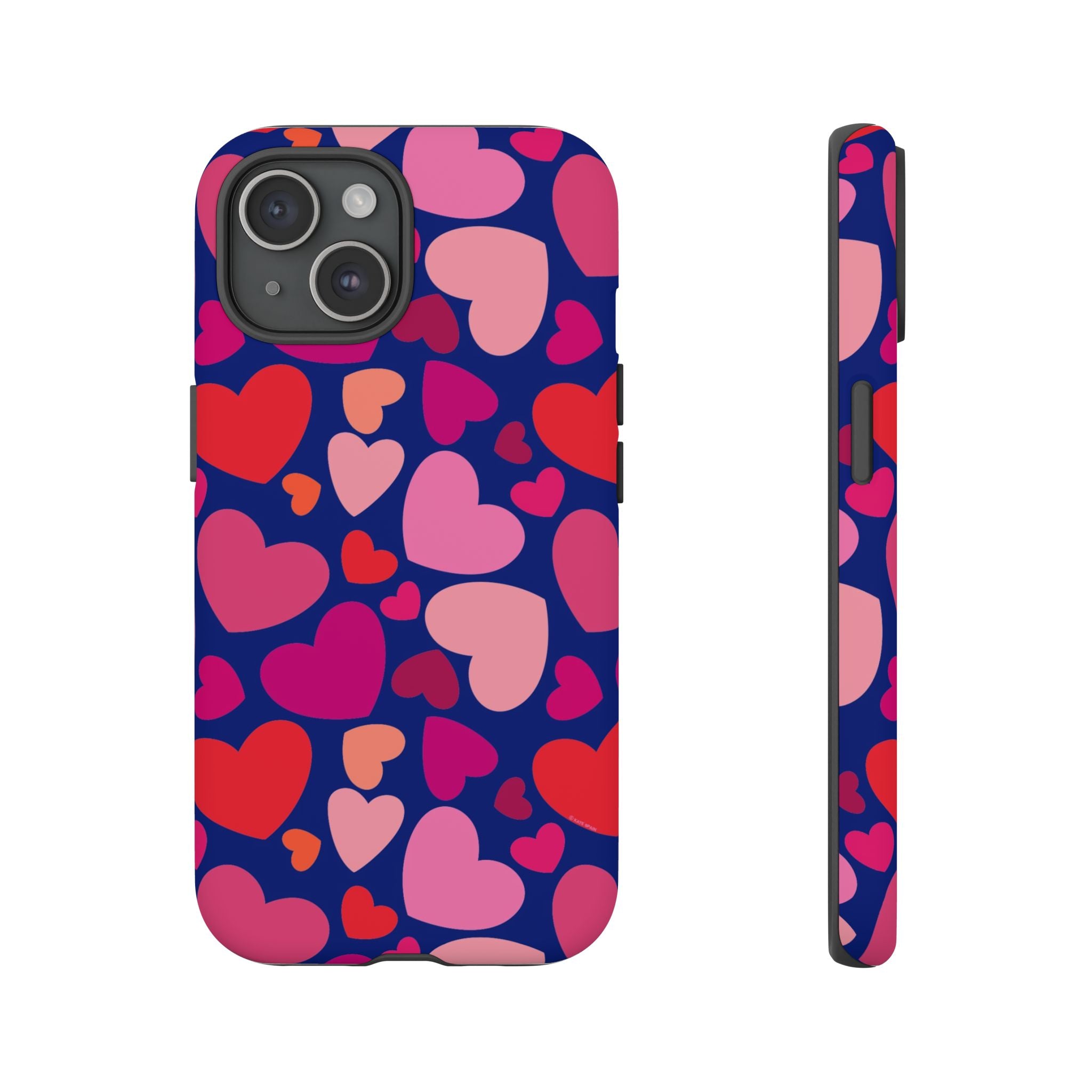 Hearts Tough iPhone 15 Case – Matte | navy, pink, red, coral scattered heart print