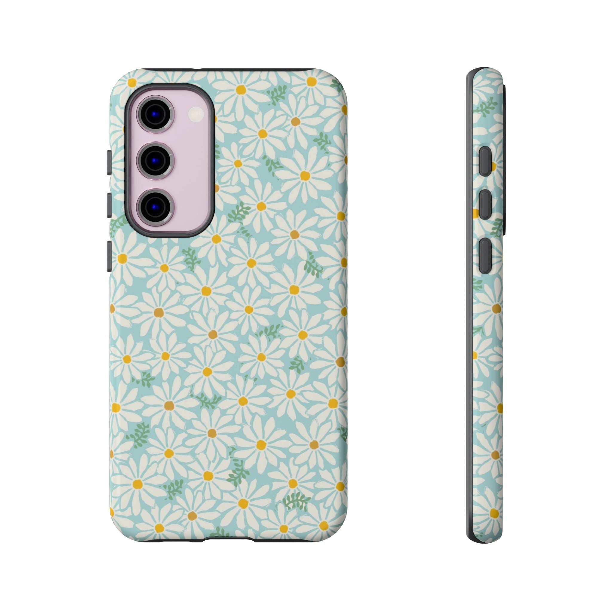 Daisies Samsung Galaxy S23 Plus Case – Glossy | sky blue, white daisy print, golden yellow centers, mint green leaves dual-layer protection